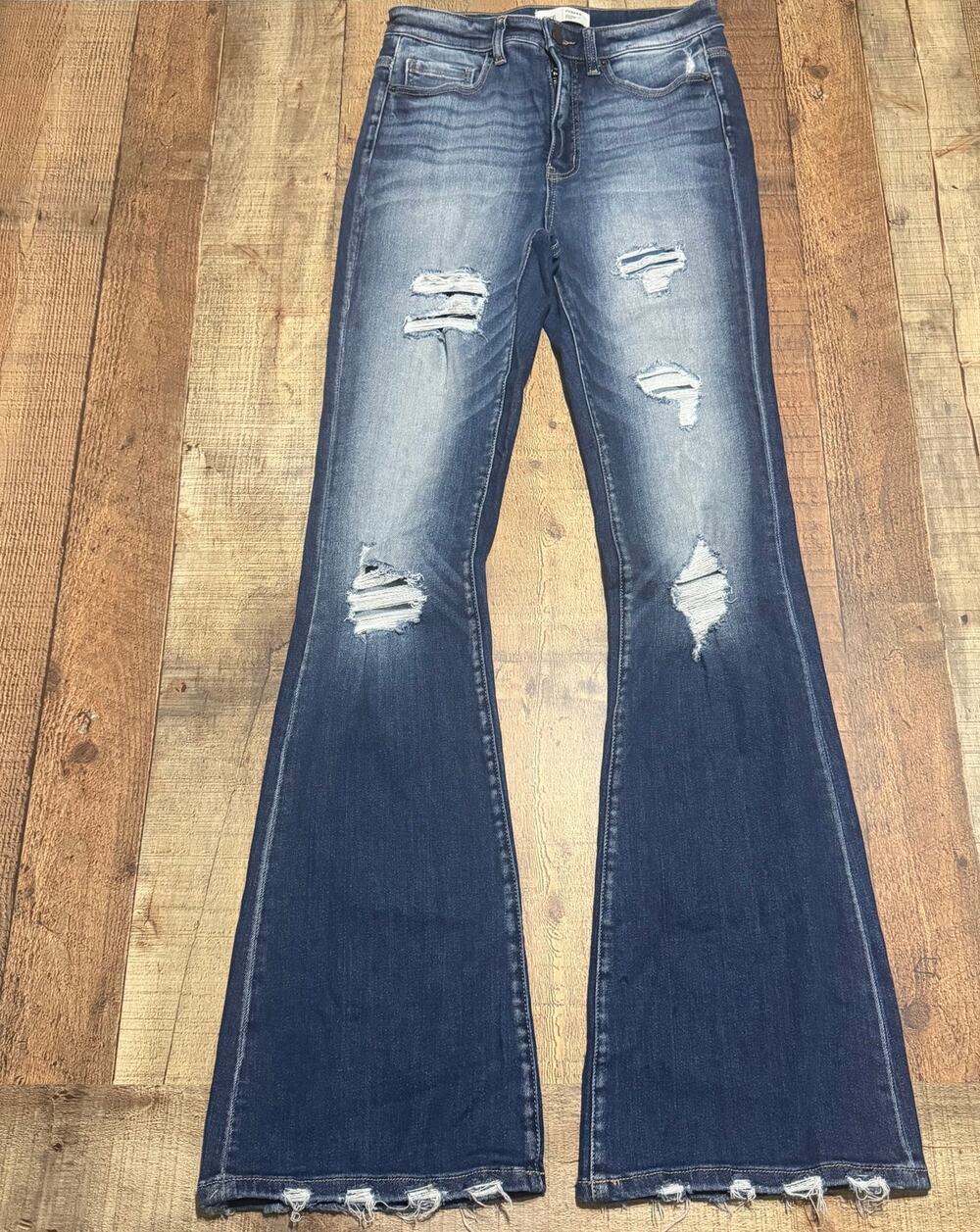 BKE Wmns Dark Denim Distressed High Rise Flare Parker Jeans Sz 26 Boho Festival